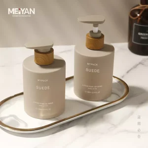 brown frosted cylinder soft rubber touch bottle luxury lotion bottle pet shampoo pump bottle with bamboo wooden